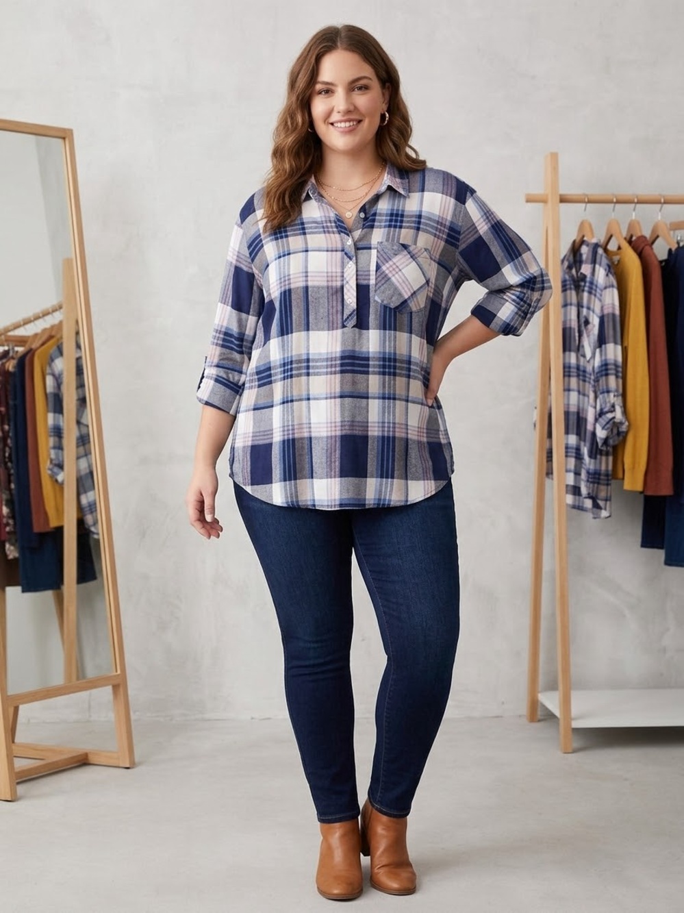 NWT ID:23 Plaid Button-Neck Shirt Tunic - Blue & White size 3x 3/4 sleeves soft